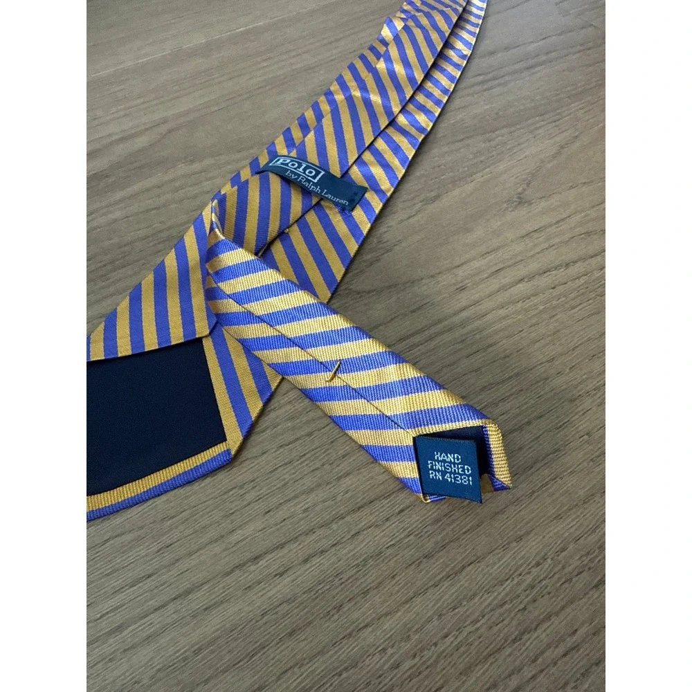 Polo Ralph Lauren Silk Tie Blue Gold Repp Stripe Made in USA Hand Finished